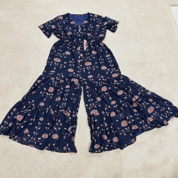 Indya Jumpsuit SS Boho Gypsy Ruffle Tier Legs Navy Metallic Floral Bollywood 2XL - Picture 1 of 11